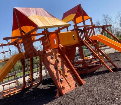 Woodplay Mega Swingset red and yellow canopy with slides and climbing Charleston, WV